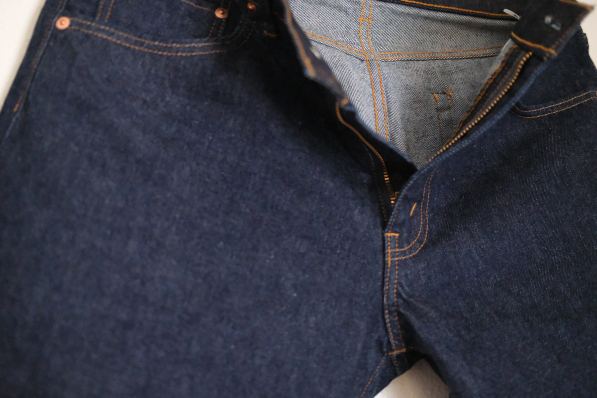 Close-up of blue denim fabric with stitching details