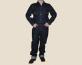 Navy blue pants with a white stripe on a white background