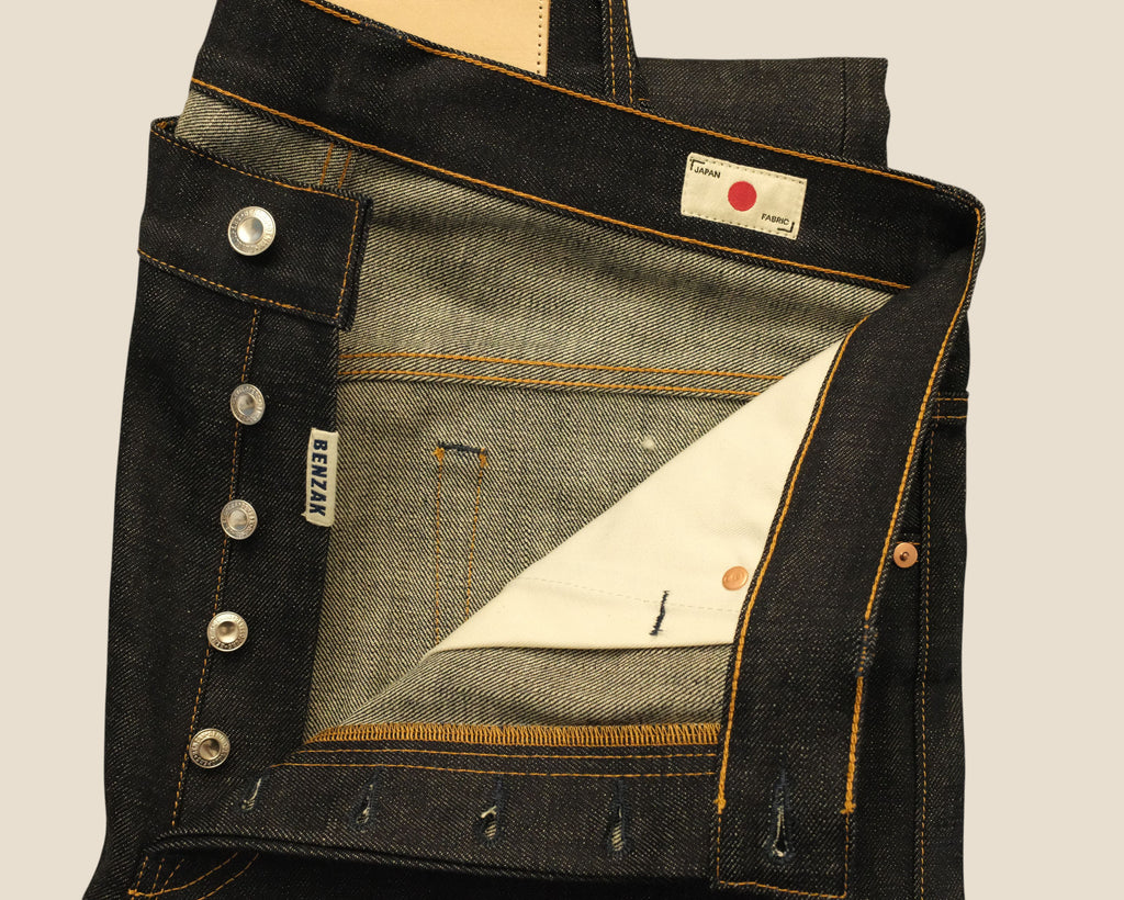 Lakefront Denim Benzak B-02 regular straight jeans in 15.5 oz Japanese Kojima selvedge denim with button fly detail.