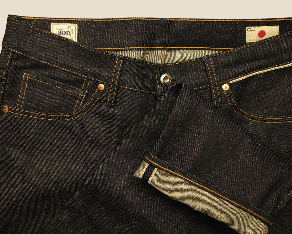 Lakefront Denim Benzak B-02 regular straight jeans in dark indigo 15.5 oz Japanese Kojima selvedge denim with cuff detail