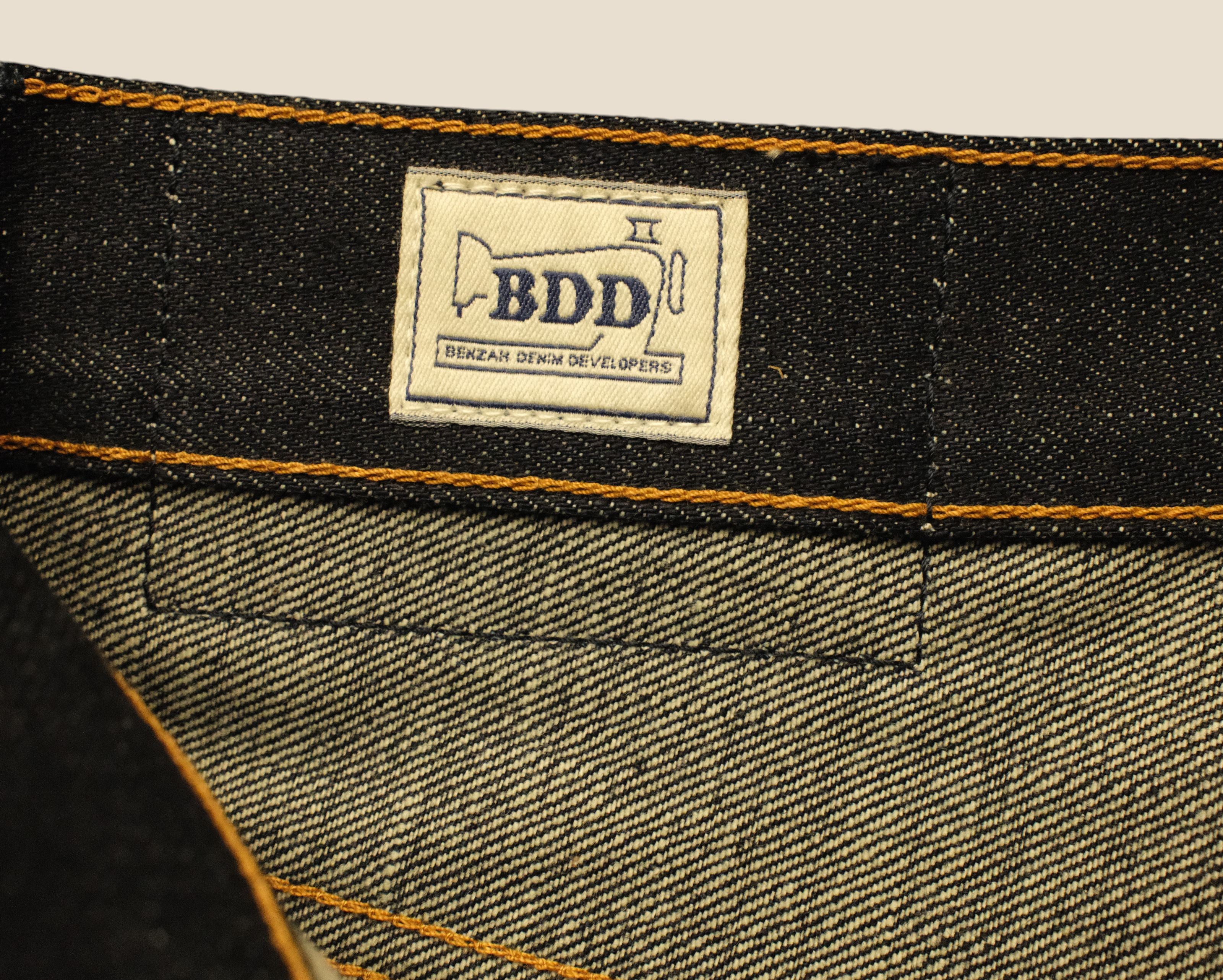 Lakefront Denim Benzak B-02 Kojima selvedge jeans featuring a branded interior waistband label and contrast stitching.