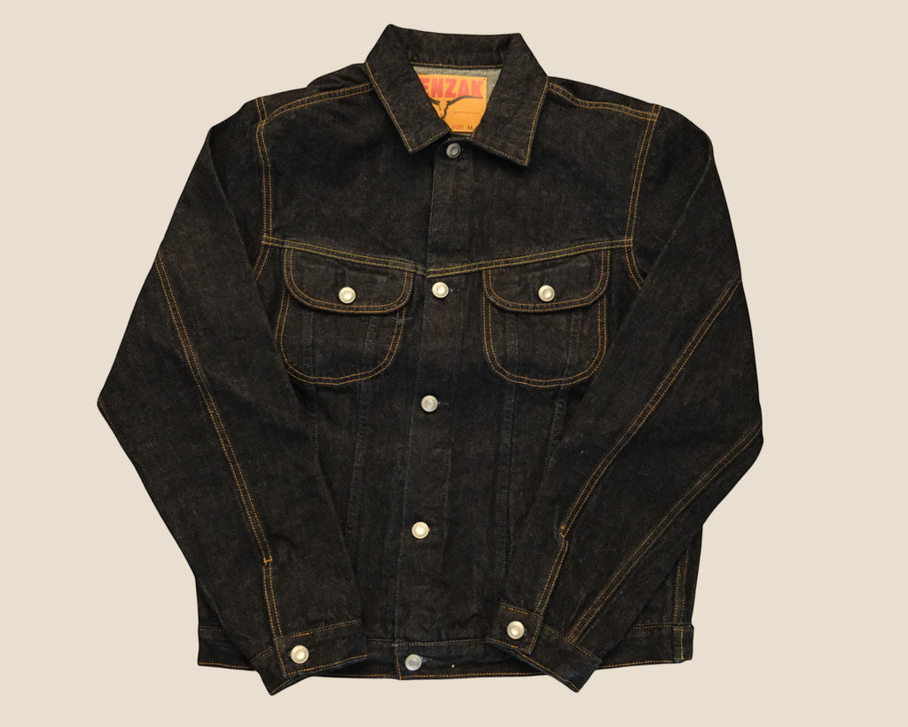 Lakefront Denim Benzak BDJ-05 dark indigo selvedge denim trucker jacket with contrast stitching and metal buttons.