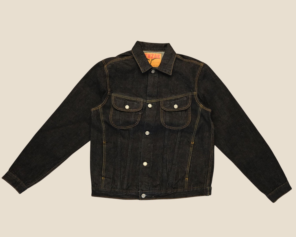 Lakefront Denim Benzak BDJ-05 dark indigo 14 oz selvedge denim trucker jacket with contrast stitching