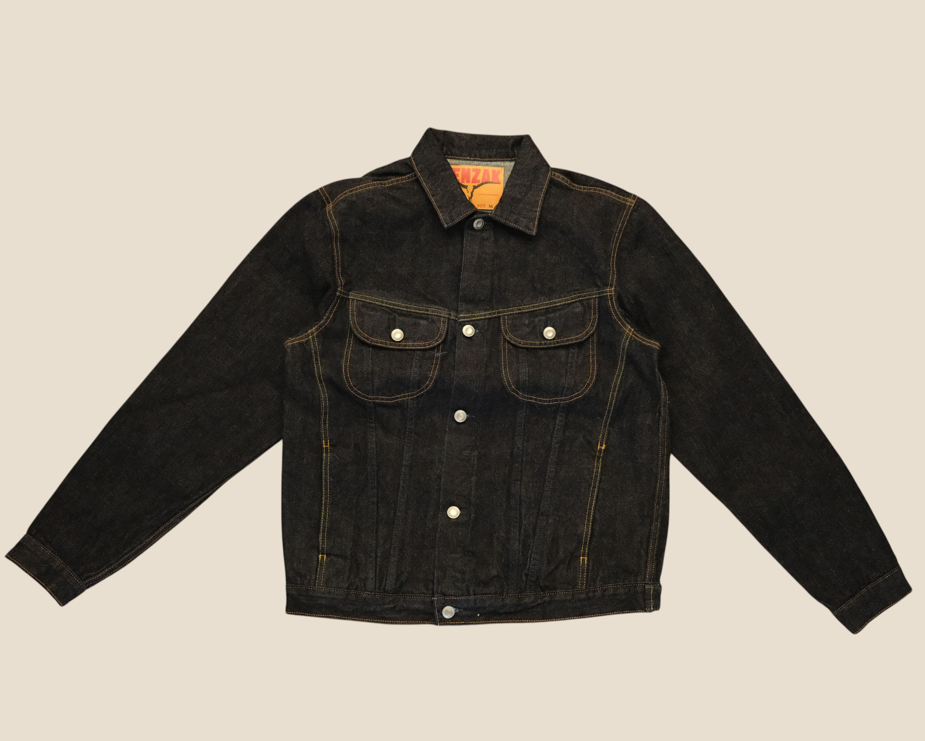 Lakefront Denim Benzak BDJ-05 dark indigo 14 oz selvedge denim trucker jacket with contrast stitching