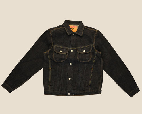 Lakefront Denim Benzak BDJ-05 dark indigo 14 oz selvedge denim trucker jacket with contrast stitching