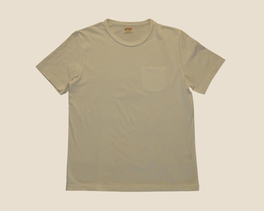Lakefront Denim Benzak BT-09 vintage off-white cotton jersey t-shirt with a chest pocket and reinforced collar.