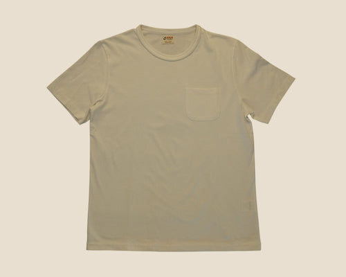 Lakefront Denim Benzak BT-09 vintage off-white cotton jersey t-shirt with a chest pocket and reinforced collar.
