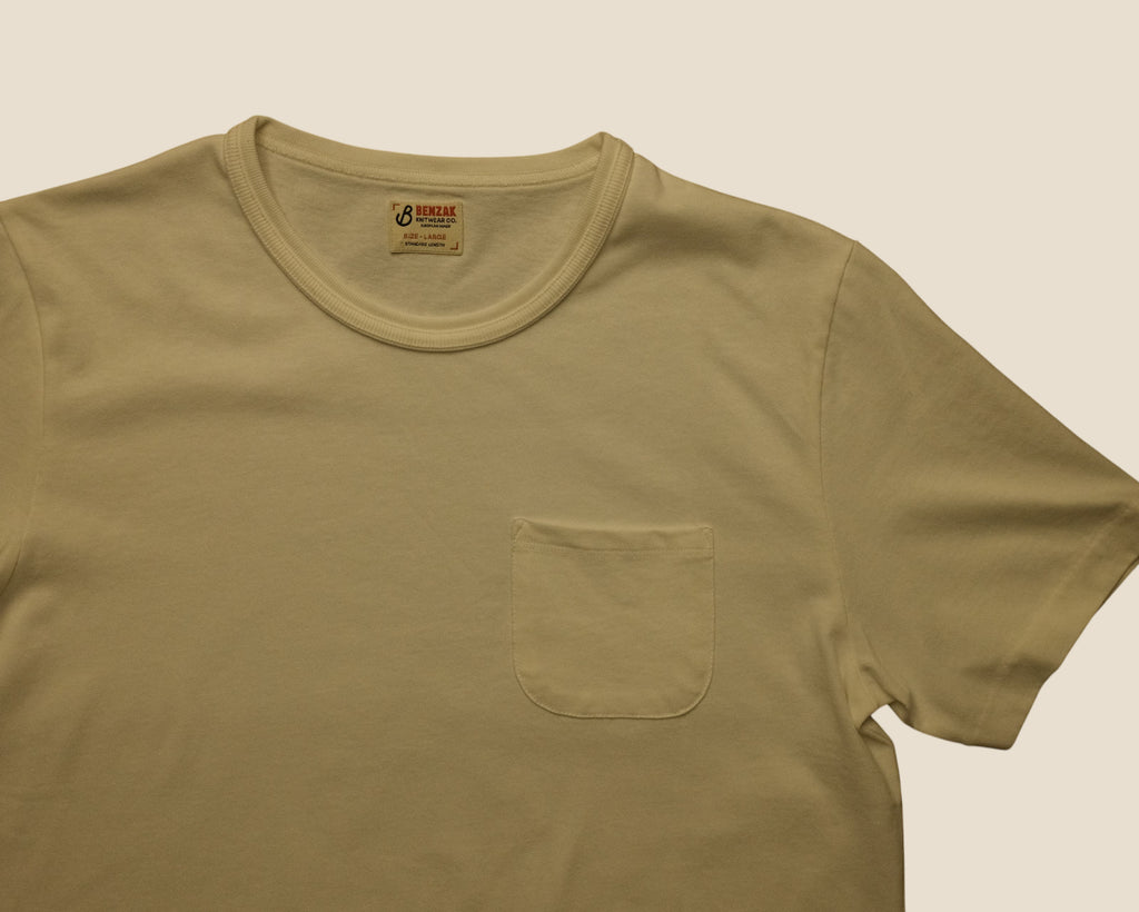 Lakefront Denim Benzak BT-09 vintage pocket t-shirt in off-white 230 gsm open-end cotton jersey with reinforced collar