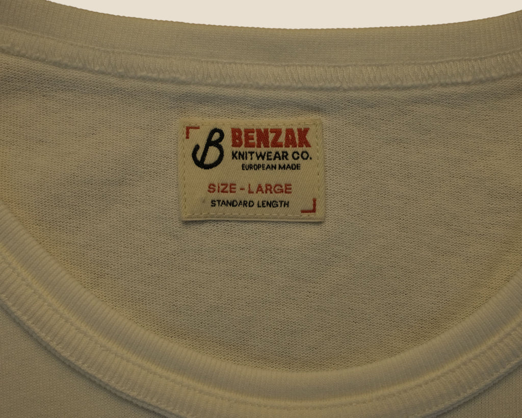 Lakefront Denim Benzak BT-09 vintage tee label in off-white cotton jersey with red and black branding details