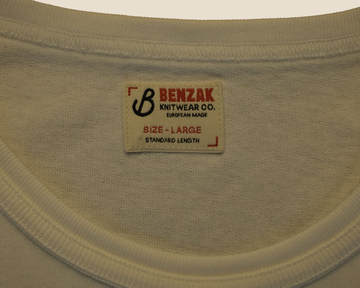 Lakefront Denim Benzak BT-09 vintage tee label in off-white cotton jersey with red and black branding details