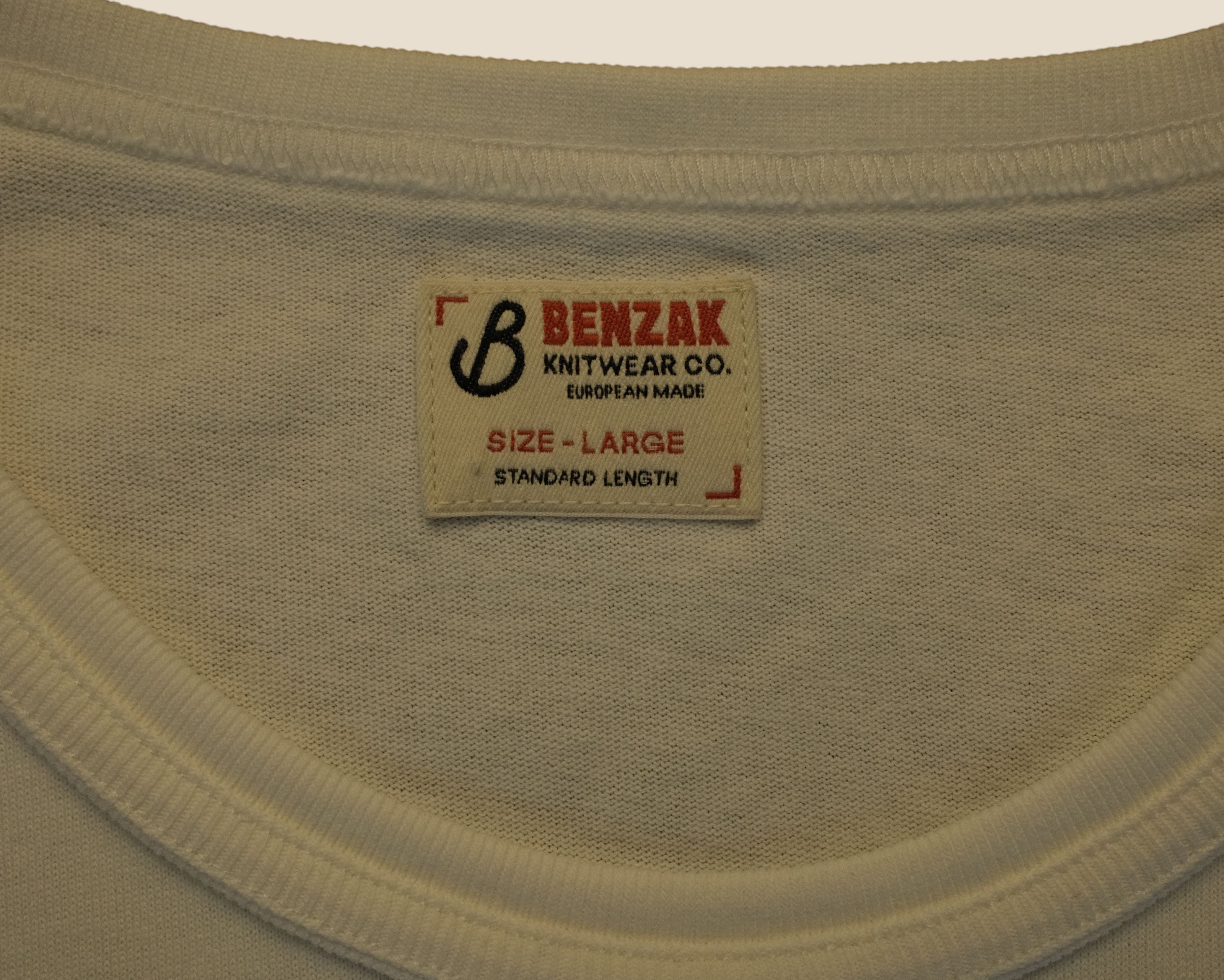 Lakefront Denim Benzak BT-09 vintage tee label in off-white cotton jersey with red and black branding details